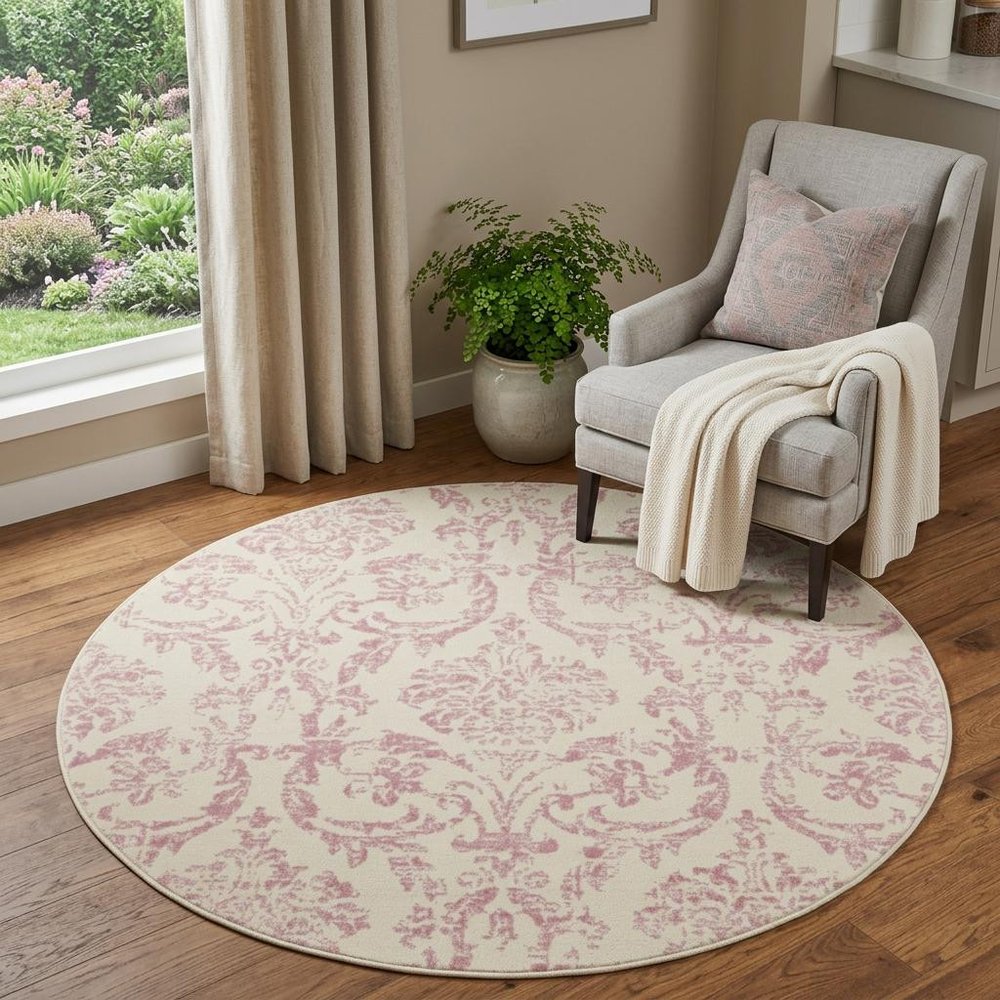 5' Ivory And Pink Damask Round Rug