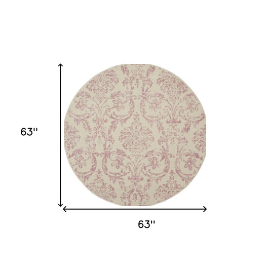 5' Ivory And Pink Damask Round Rug