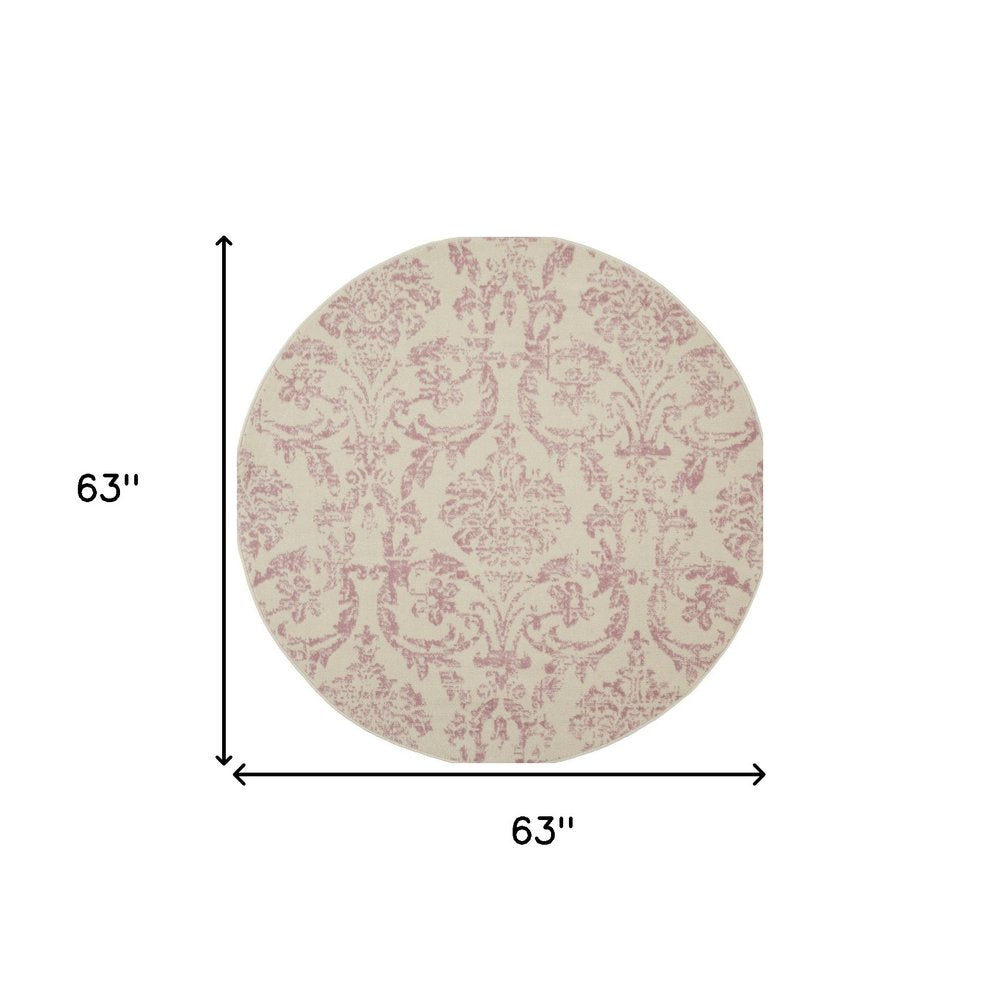 5' Ivory And Pink Damask Round Rug