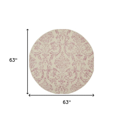 5' Ivory And Pink Damask Round Rug