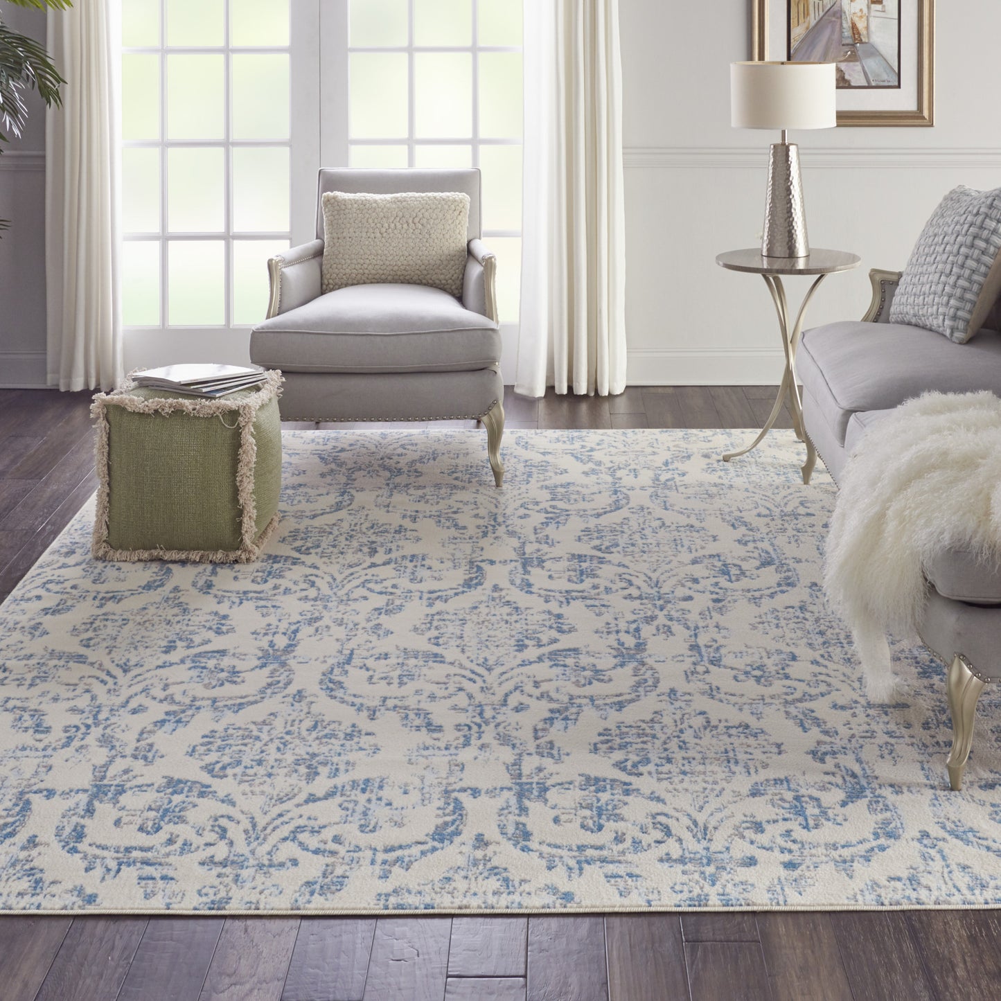 8' X 10' Cream Damask Power Loom Non Skid Area Rug