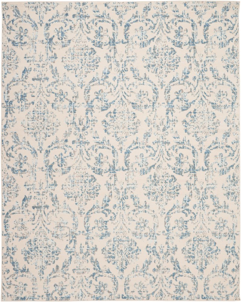 8' X 10' Ivory And Blue Damask Area Rug