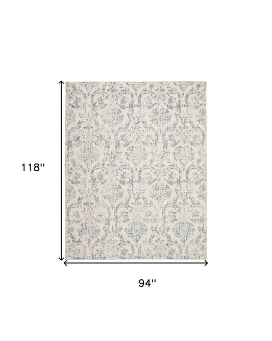 8' X 10' Ivory And Blue Damask Area Rug