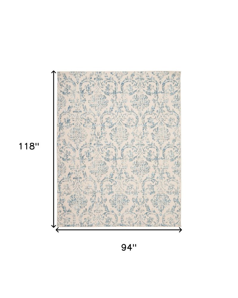 8' X 10' Ivory And Blue Damask Area Rug