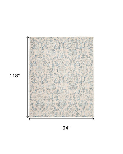 8' X 10' Ivory And Blue Damask Area Rug