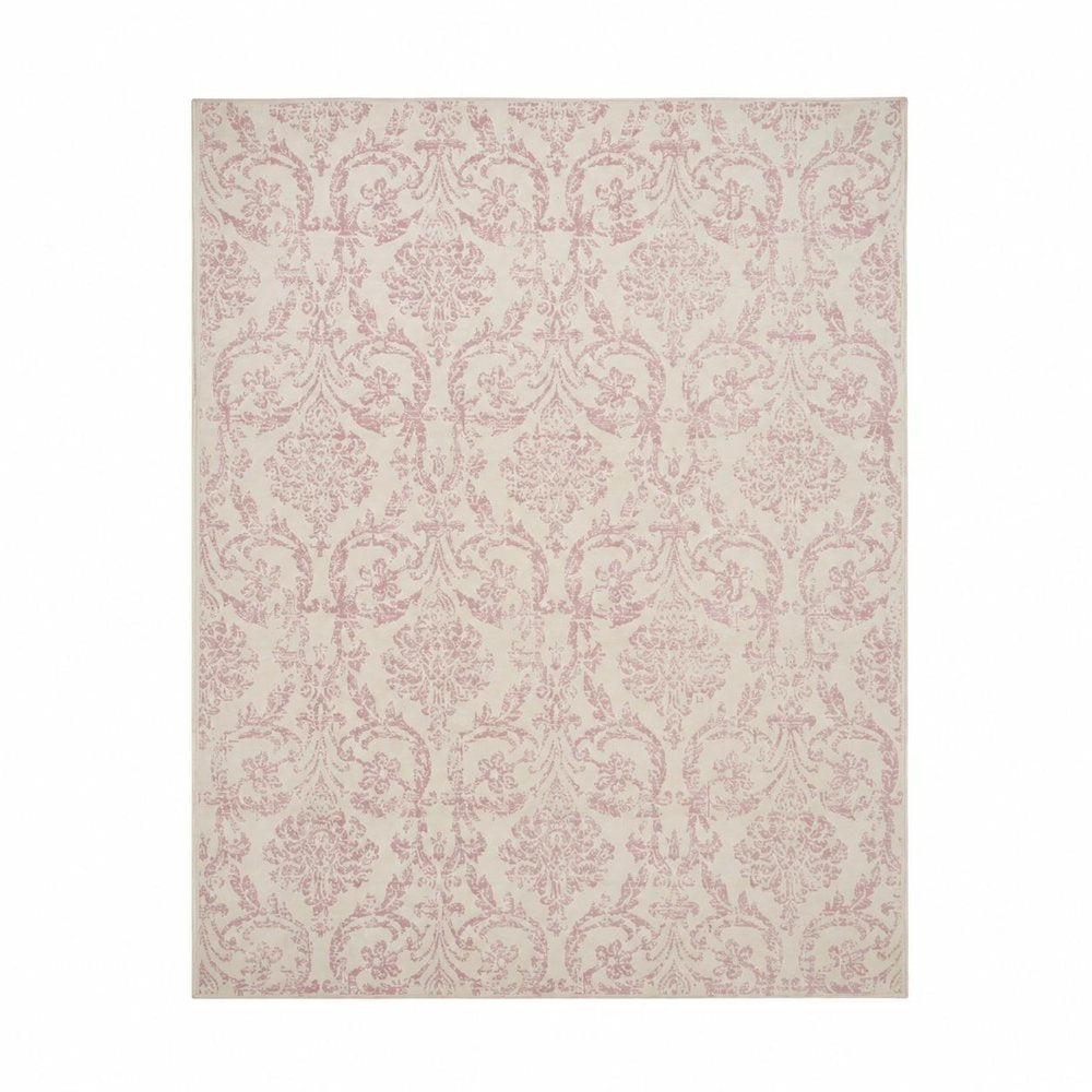 8' X 10' Ivory And Pink Damask Area Rug