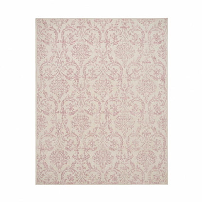 8' X 10' Ivory And Pink Damask Area Rug