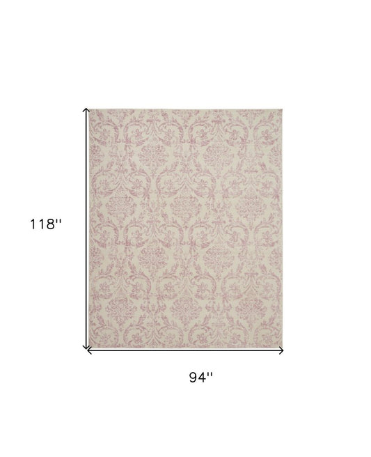 8' X 10' Ivory And Pink Damask Area Rug