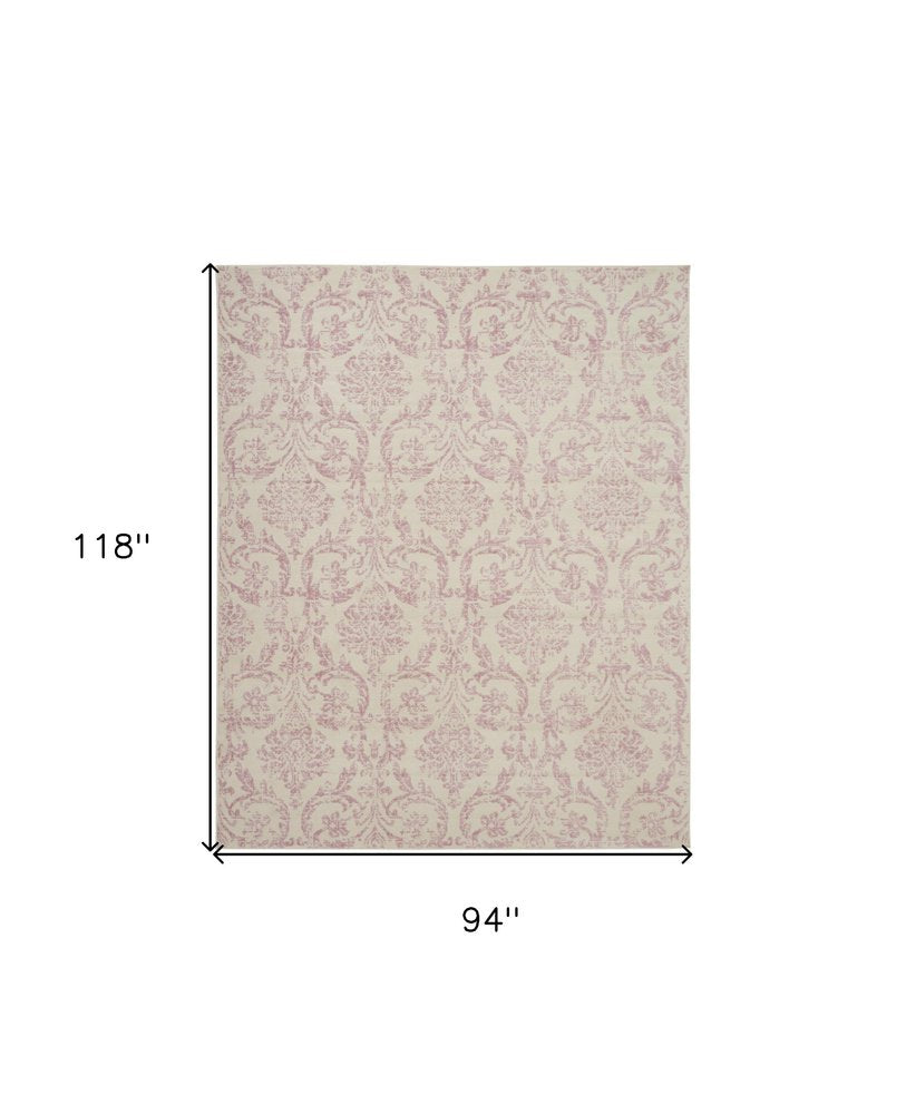 8' X 10' Ivory And Pink Damask Area Rug