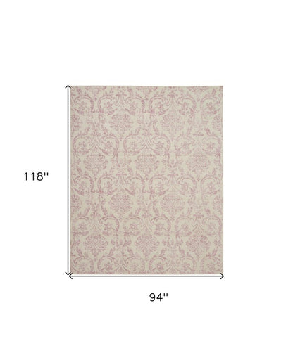 8' X 10' Ivory And Pink Damask Area Rug