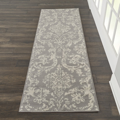 7' Gray Damask Power Loom Runner Rug