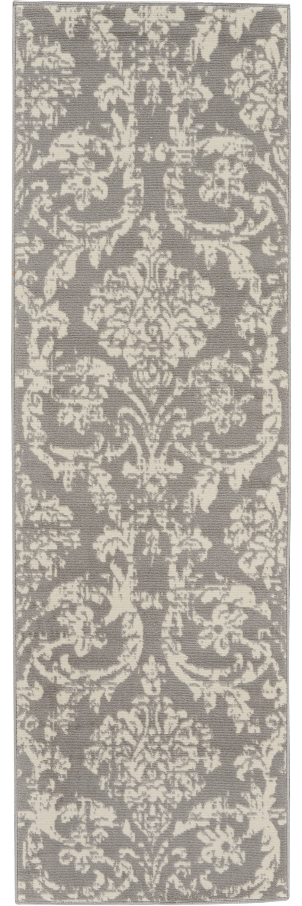 7' Gray Damask Power Loom Runner Rug