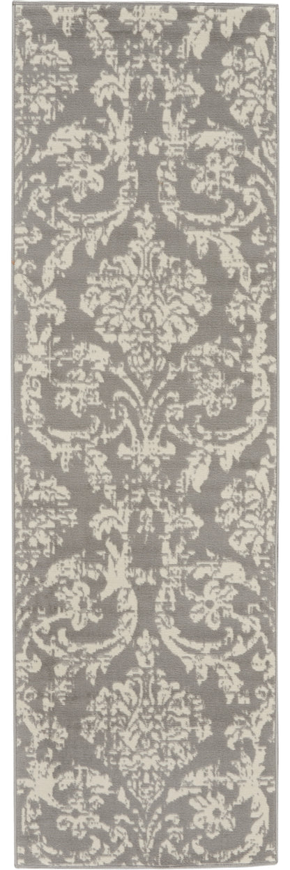 7' Gray Damask Power Loom Runner Rug