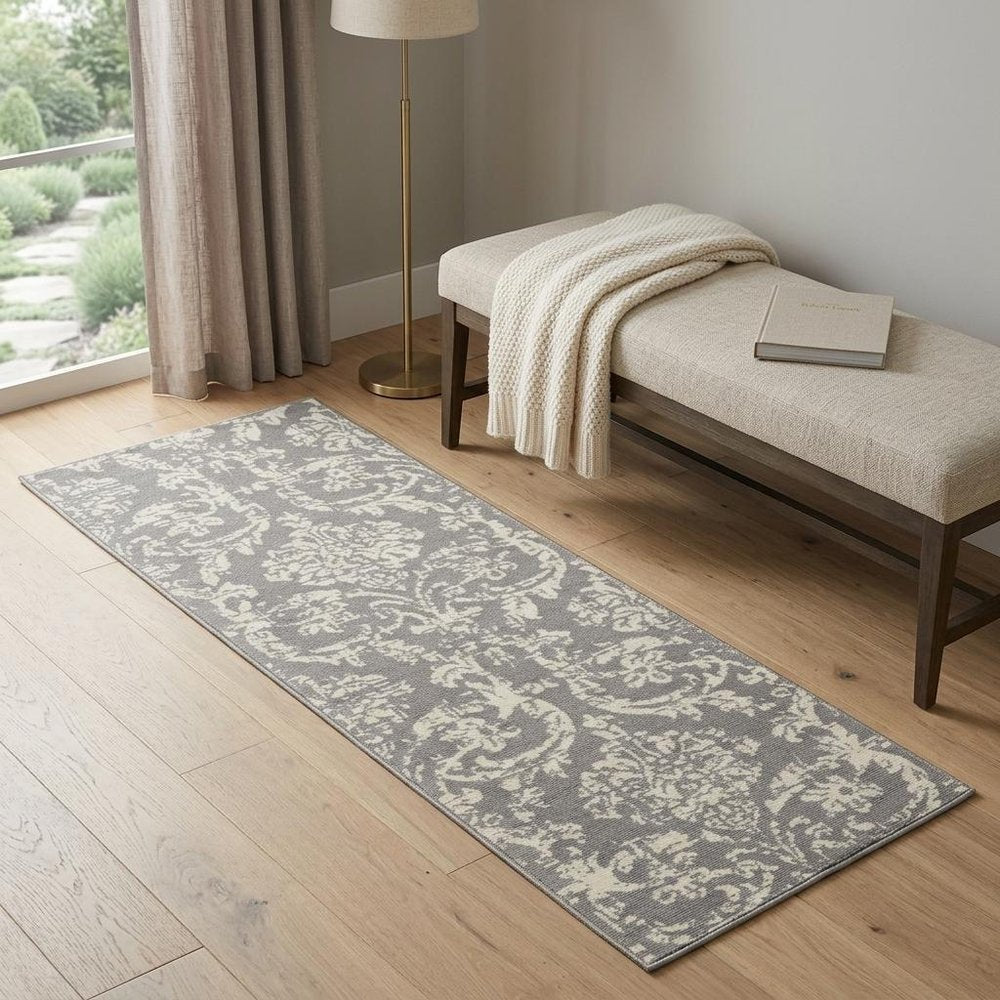7' Gray Damask Power Loom Runner Rug