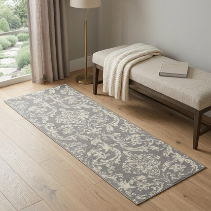 7' Gray Damask Power Loom Runner Rug