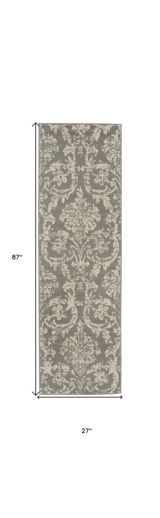 7' Gray Damask Power Loom Runner Rug