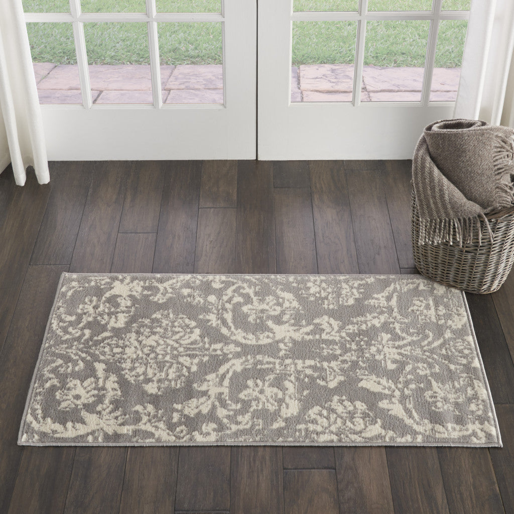 2' X 4' Gray Damask Power Loom Area Rug