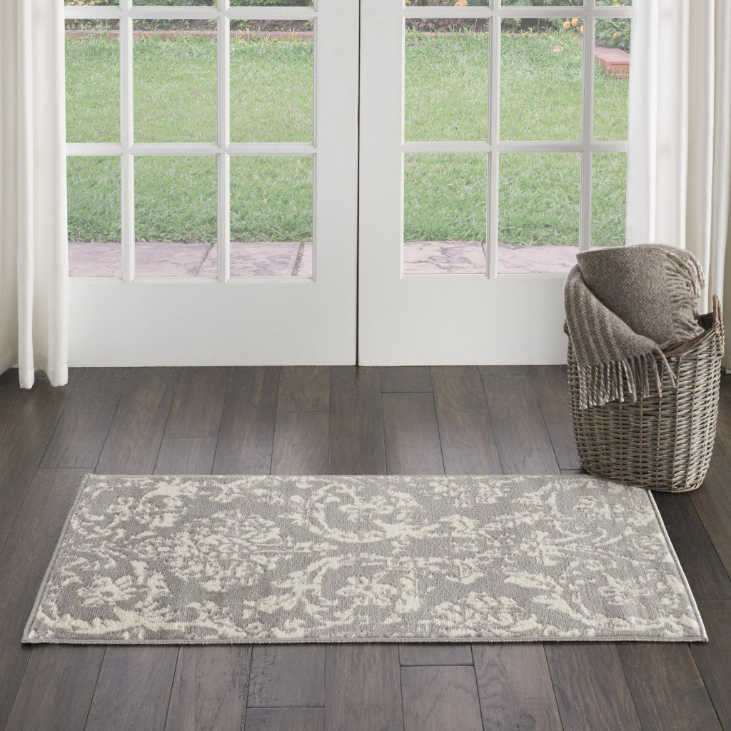 2' X 4' Gray Damask Power Loom Area Rug