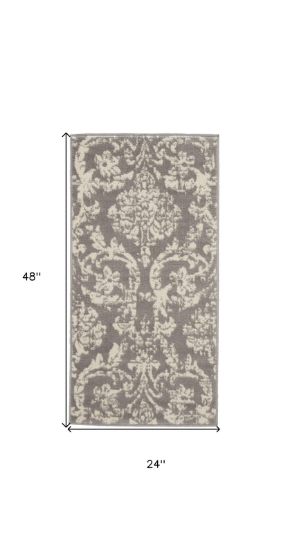 2' X 4' Gray Damask Power Loom Area Rug