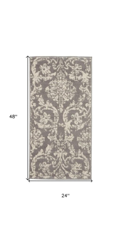2' X 4' Gray Damask Power Loom Area Rug