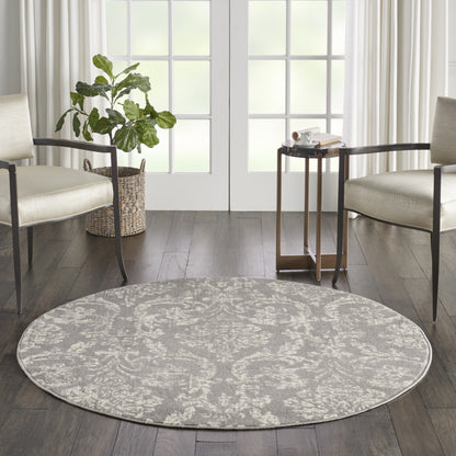 5' Gray Round Damask Power Loom Area Rug