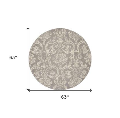 5' Gray Round Damask Power Loom Area Rug