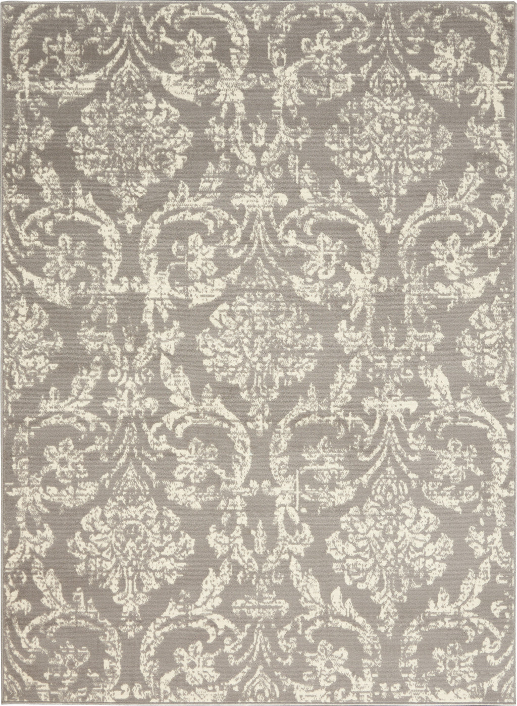 5' X 7' Gray Damask Power Loom Non Skid Area Rug