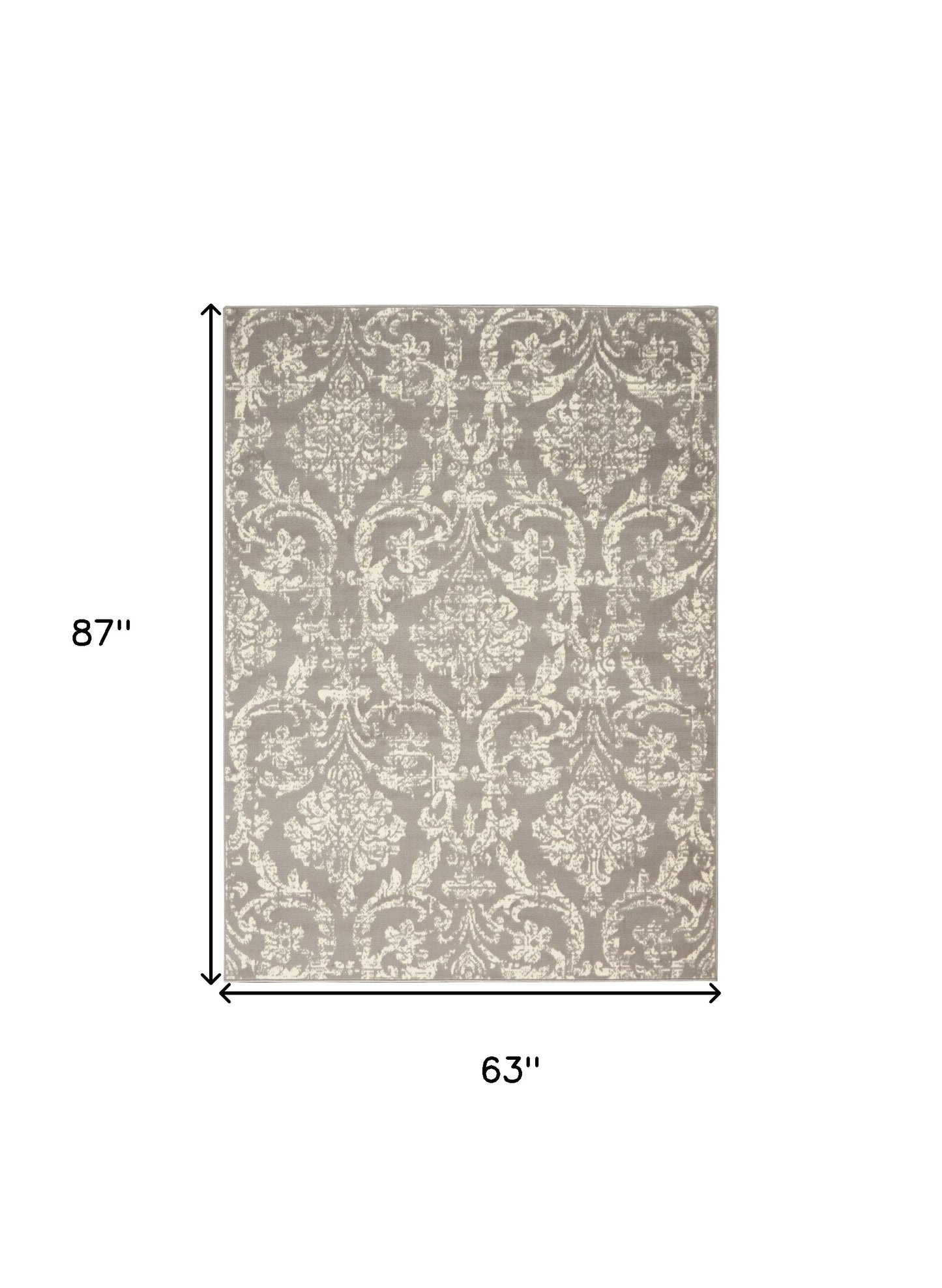 5' X 7' Gray Damask Power Loom Non Skid Area Rug