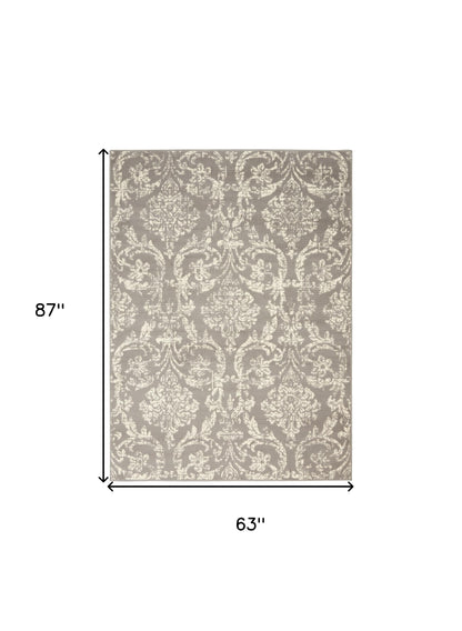 5' X 7' Gray Damask Power Loom Non Skid Area Rug