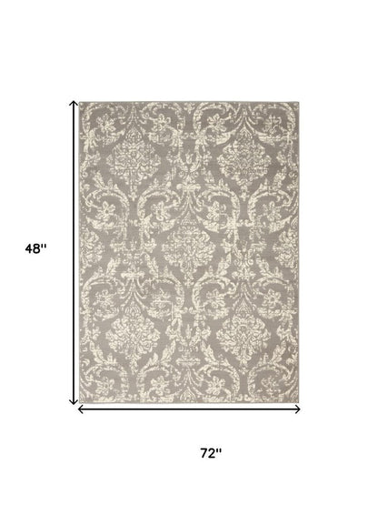4' X 6' Gray Damask Power Loom Area Rug