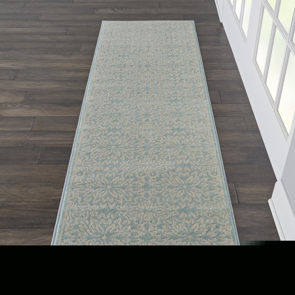 7' Aqua Floral Power Loom Runner Rug