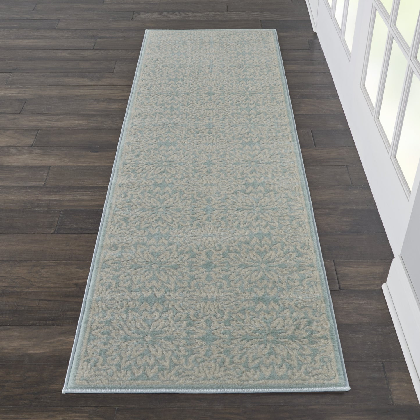 7' Aqua Floral Power Loom Runner Rug