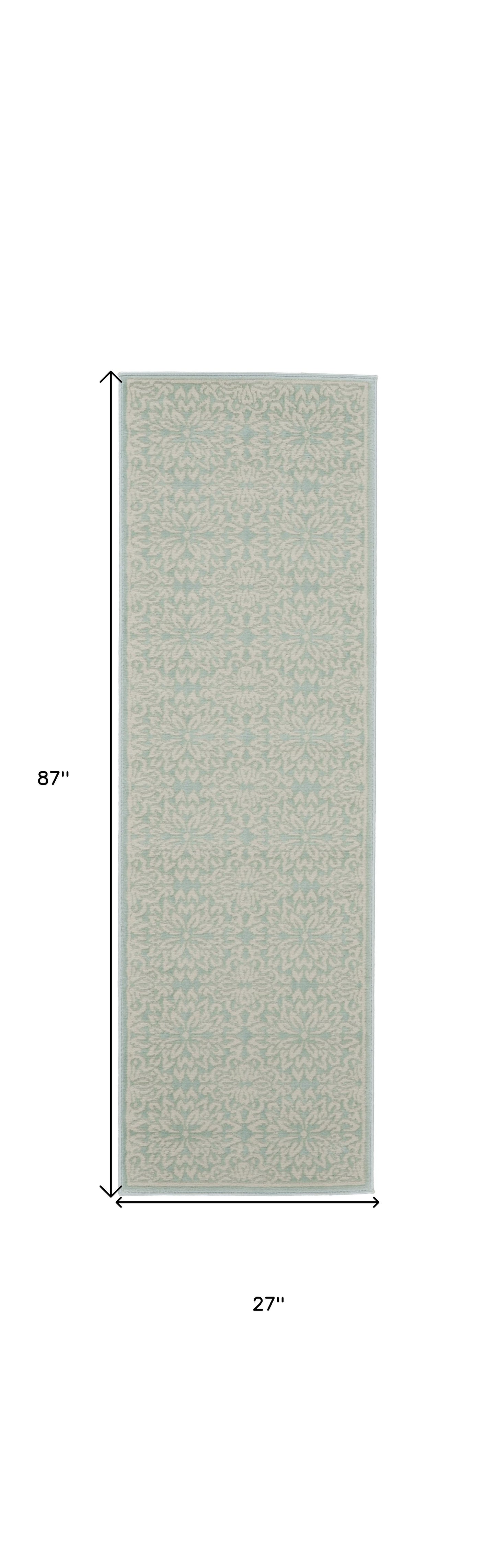 7' Aqua Floral Power Loom Runner Rug