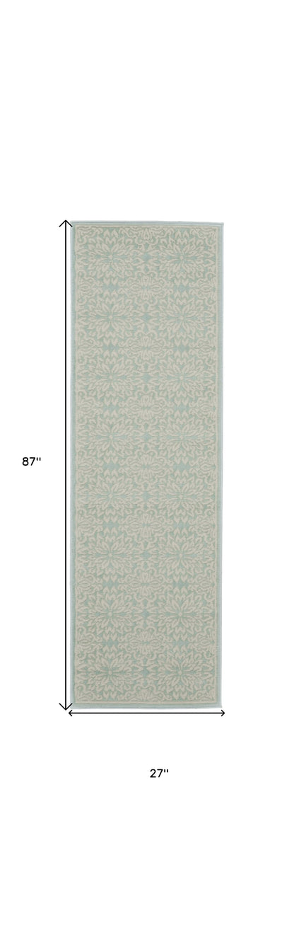 7' Aqua Floral Power Loom Runner Rug