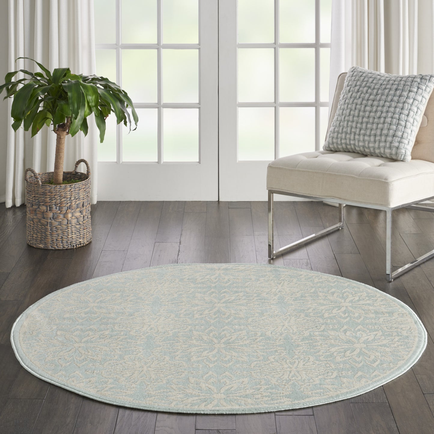 5' Aqua Round Floral Power Loom Area Rug