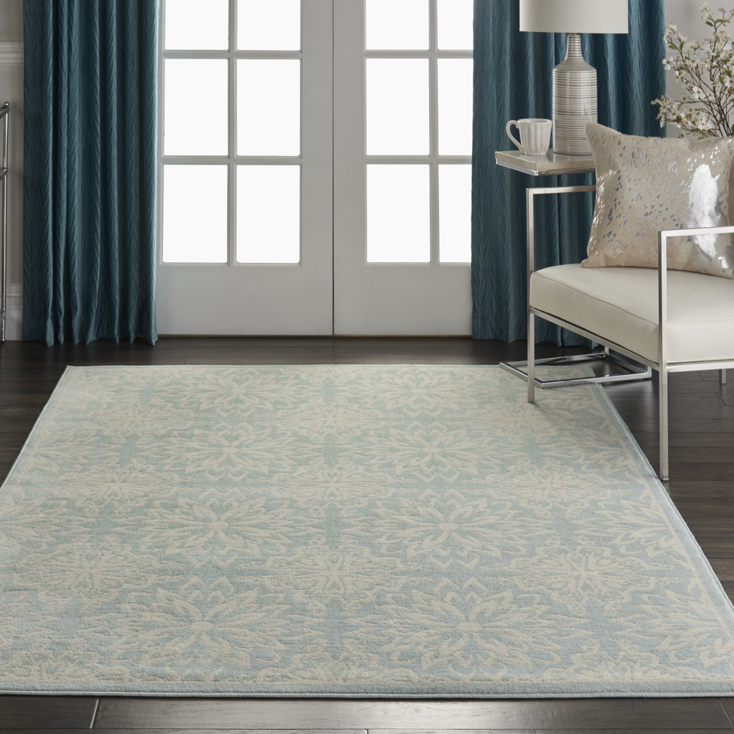 6' X 9' Aqua Floral Power Loom Area Rug