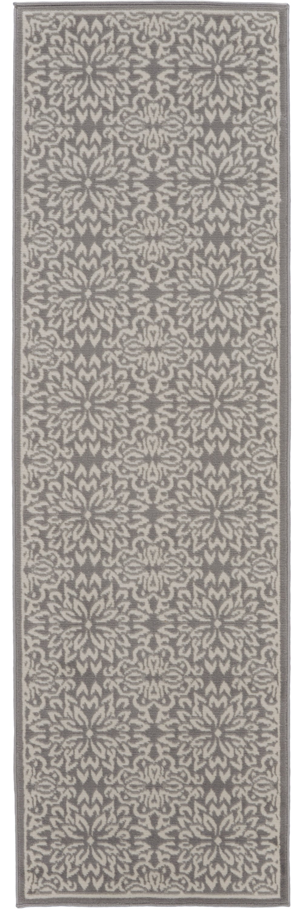 7' Gray Floral Power Loom Runner Rug