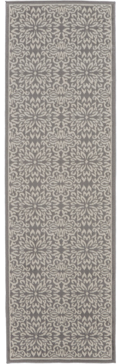 7' Gray Floral Power Loom Runner Rug