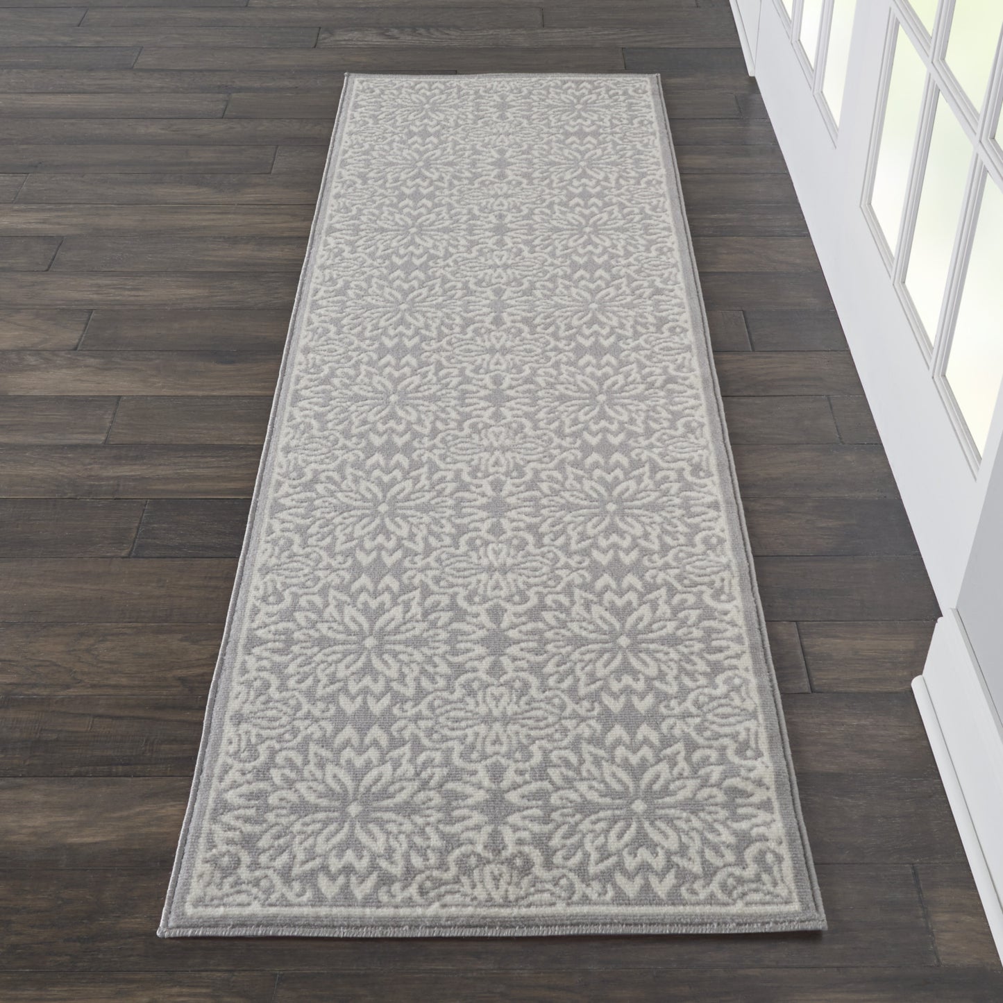 7' Gray Floral Power Loom Runner Rug