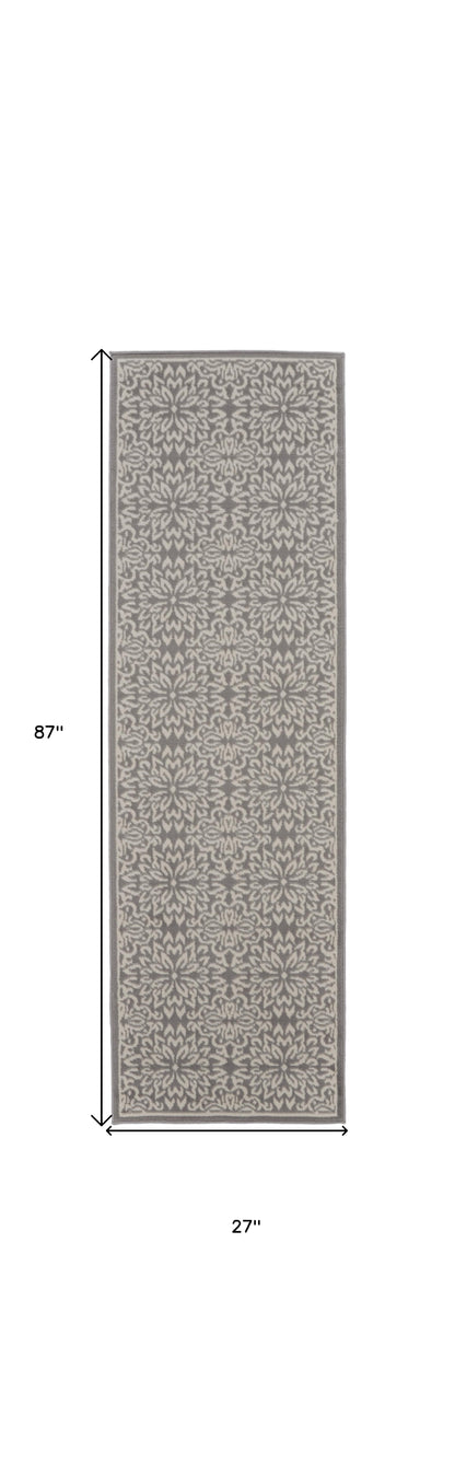 7' Gray Floral Power Loom Runner Rug