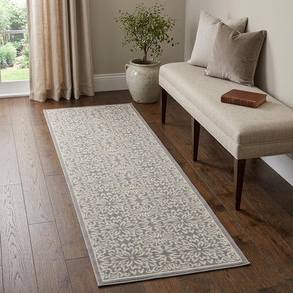 7' Gray Floral Power Loom Runner Rug