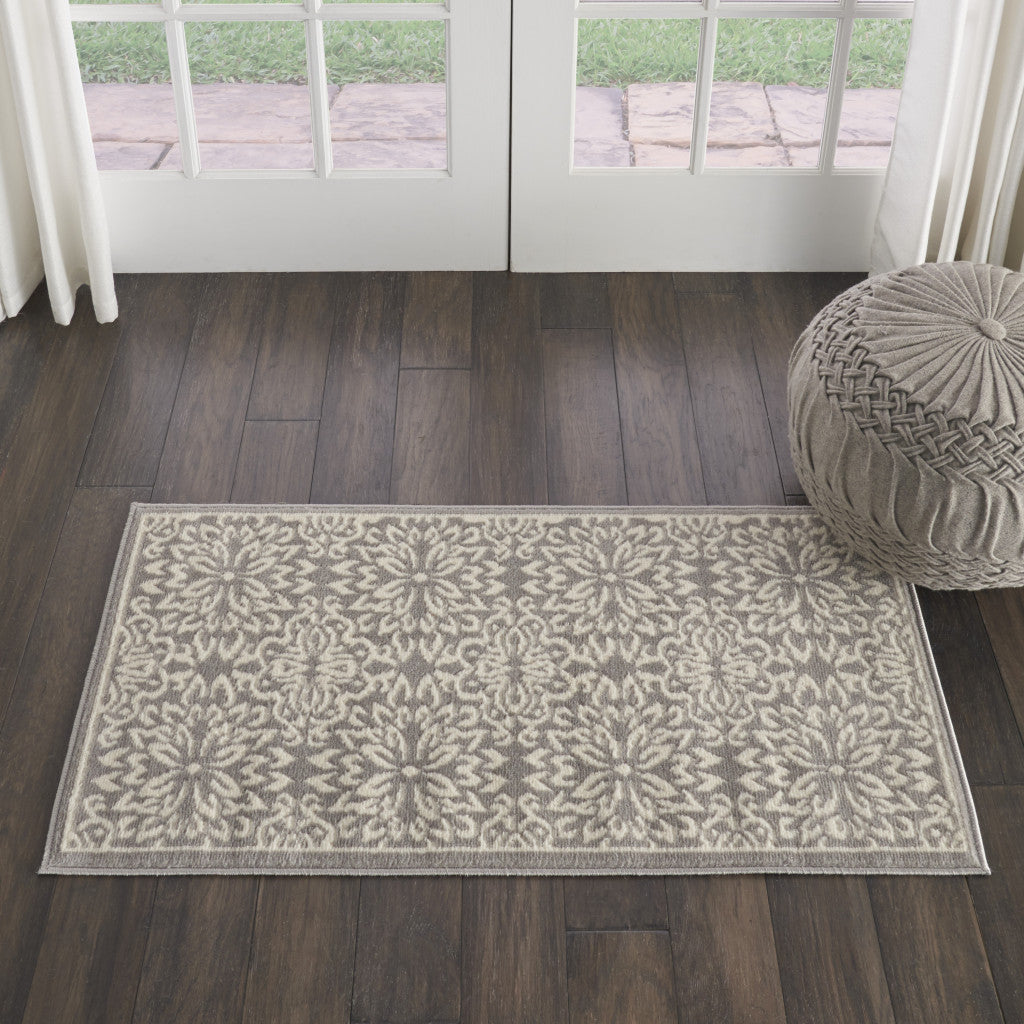 2' X 4' Gray Floral Power Loom Area Rug