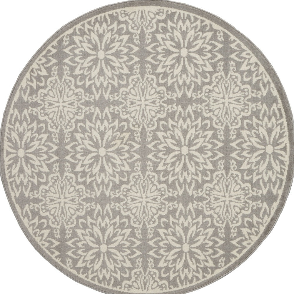 8' Gray Round Floral Power Loom Area Rug