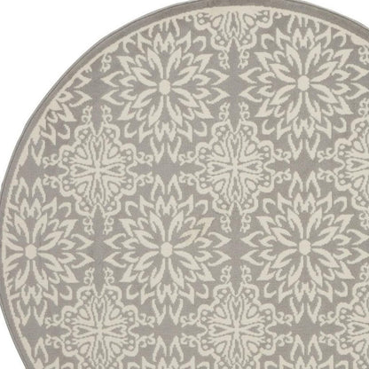 8' Gray Round Floral Power Loom Area Rug