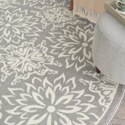 8' Gray Round Floral Power Loom Area Rug