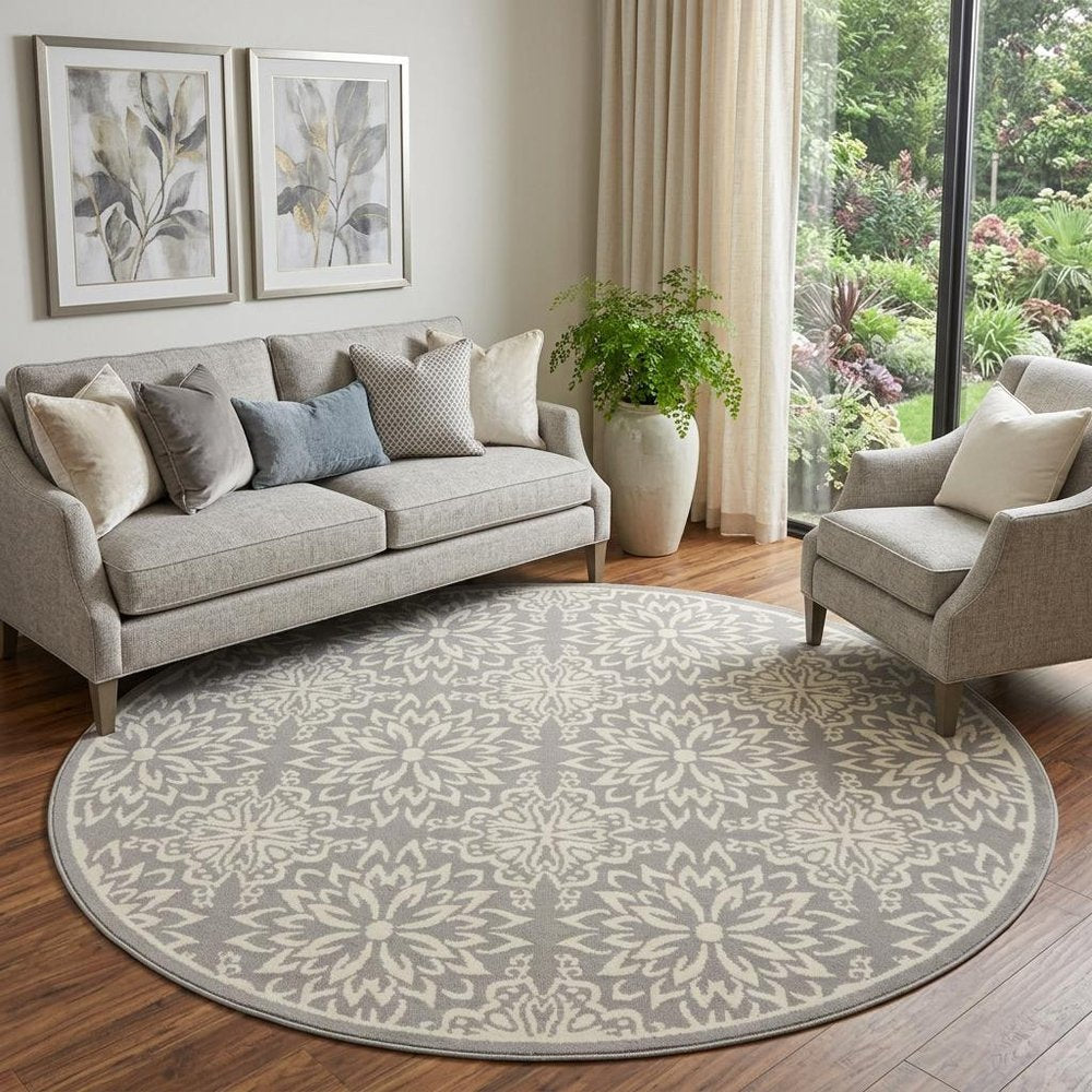 8' Gray Round Floral Power Loom Area Rug