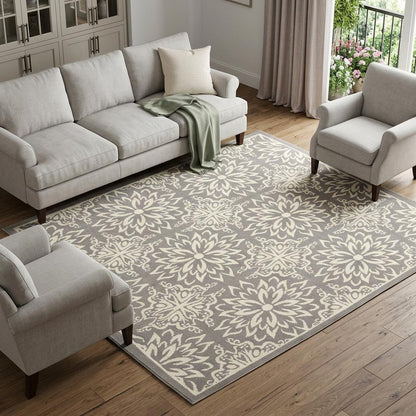 6' X 9' Gray Floral Power Loom Area Rug