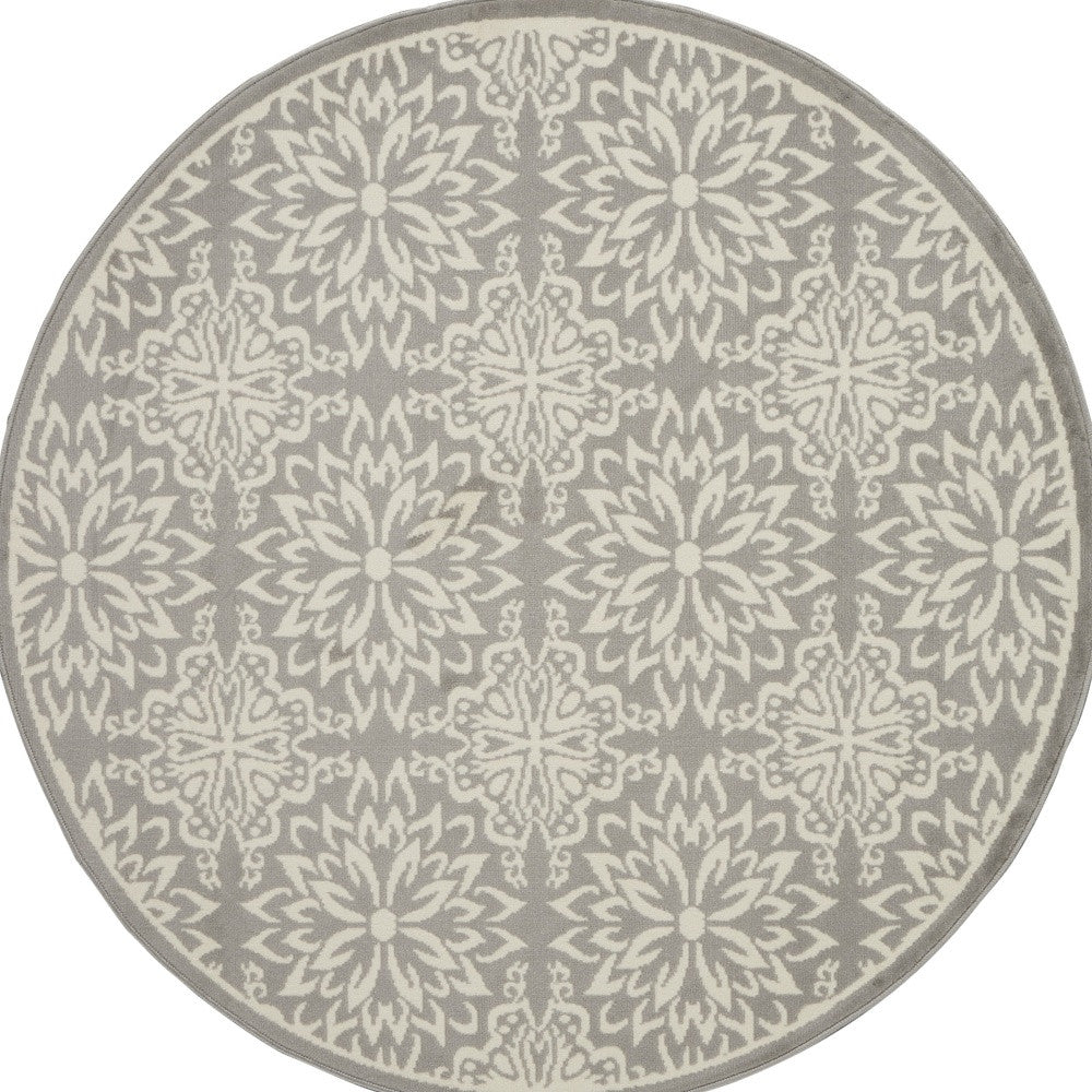 5' Gray Round Floral Power Loom Area Rug