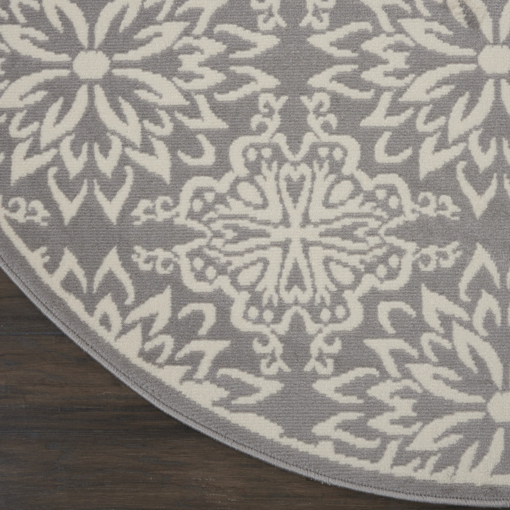 5' Gray Round Floral Power Loom Area Rug