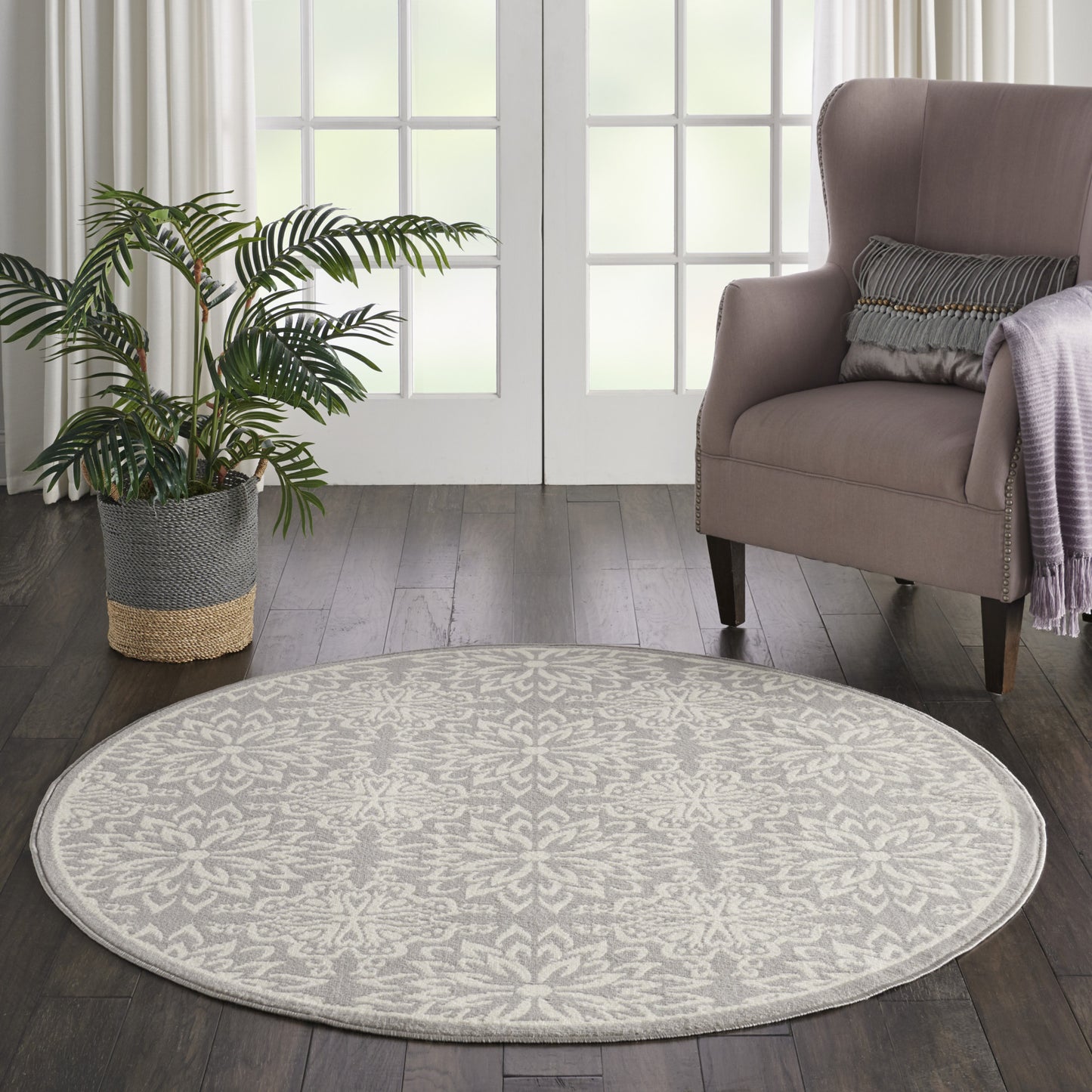 5' Gray Round Floral Power Loom Area Rug